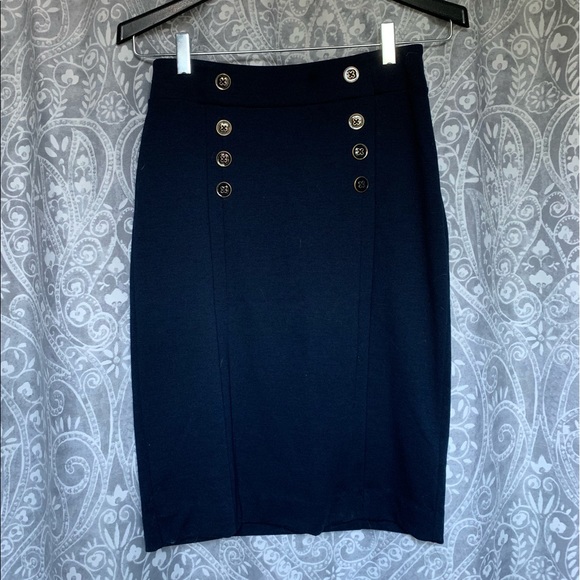 Navy Banana Republic Pencil Skirt | Gold Buttons - Picture 1 of 5